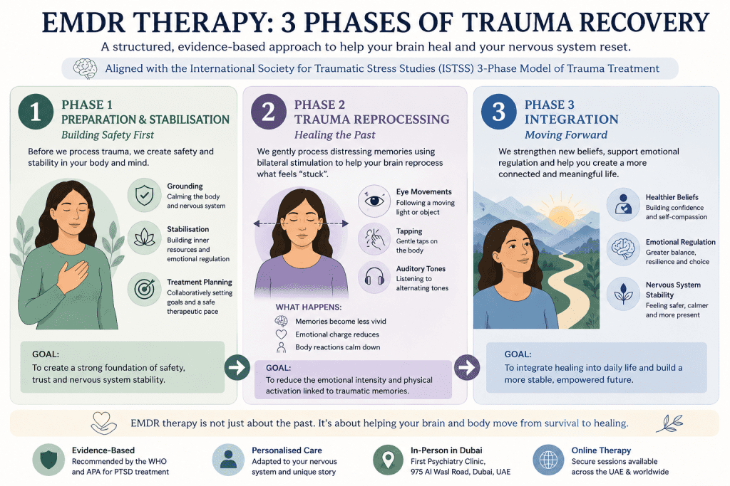 Infographic showing the three stages of EMDR therapy for trauma treatment in Dubai including preparation and stabilisation, trauma reprocessing, and integration.”